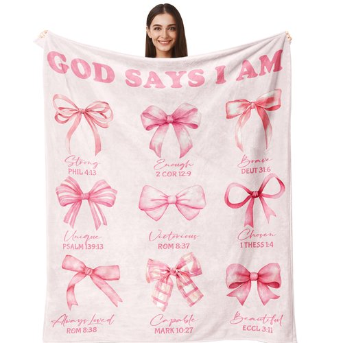 Henazin Christian Gifts For Women, Bow Blanket 60"X50", Religious Catholic Gift For Woman, Baptism Confirmation Gift For Girls Pink, Inspirational Spiritual Birthday Present For Daughter Sister Friend