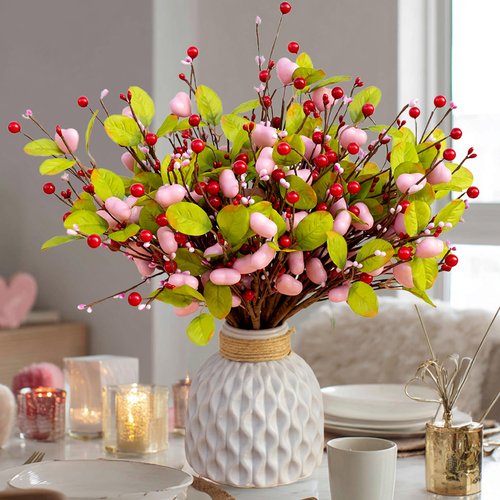 AXYLEX Valentines Day Decorations Floral Picks Stems - 8Pcs,16 Inch Artificial Pink Berry Heart Shaped Branches Gift for Wedding Home Vase Decor (PinkGreen)