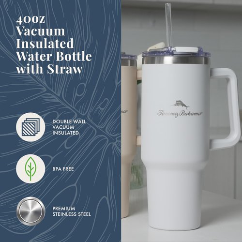 Tommy Bahama Vacuum Insulated Water Bottle with Straw - Double-Wall Stainless Steel, BPA Free, Keep Drinks Warm for 6 Hours or Cold for 12 Hours - White, 40oz