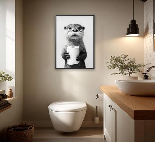 Framed Otter Bathroom Wall Art - Funny Black and White Decor for Restroom | Farmhouse Style
