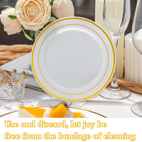 Pryntono 200PCS Gold Plastic Plates, Disposable Party Plates with Gold Rim, Include 100 Dinner Plate and 100 Elegant Dessert Plate for Party and Wedding