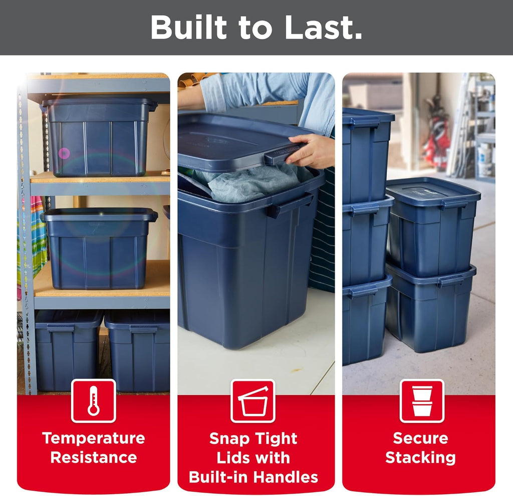 Rubbermaid Roughneck 18 Gal Tote - Rugged Stackable Storage Bins with Lids & Handles | Dark Indigo Metallic, 6 Pack
