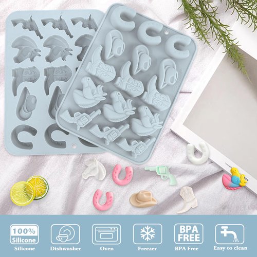 Cowboy Chocolate Molds, 2 Pcs Western Silicone Candy Fondant Mold, Cowboy Hat Boot Horse Saddle Shaped Mould, for DIY Baking Cupcake Cake Party Desserts Decorations (Light Blue)