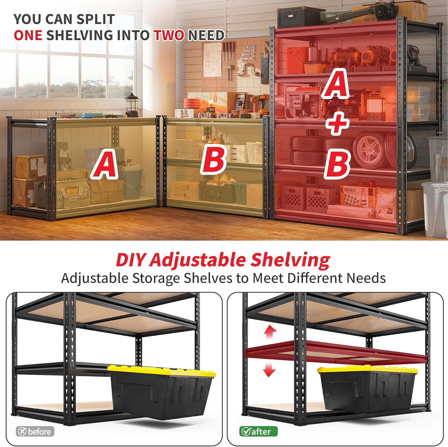 REIBII Heavy-Duty 5-Tier Storage Shelves - Adjustable Metal Shelving Unit for Garage, Basement, Pantry | 72" H x 35.55" W x 16" D, Black