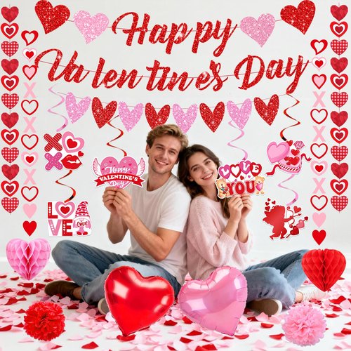 Valentines Day Decorations for Party Set Happy Valentines Day Banner Heart Valentine Garland Banner Red Pink Heart Honeycombs 1000Pcs Plastic Petals Hanging Swirls Valentines Day Balloons