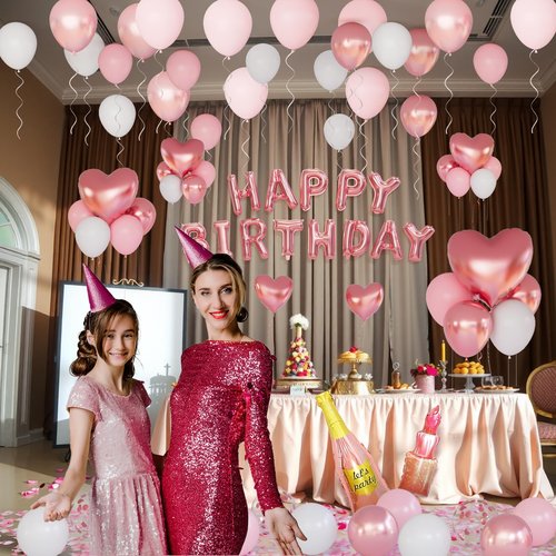 Rose Gold Happy Birthday Decorations for Women Pink and Rose Gold Biirthday Balloons Letters Banner with Heart-Shaped Champagne Bottle Lipstick Balloons Rose Petals for Room Birthday Party Decor