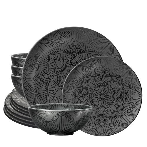 bzyoo 12 Piece Black Melamine Dinnerware Set - Durable, Dishwasher Safe Black Plates and Bowls - Ideals for Parties, Camping Dish Set La La Mandala
