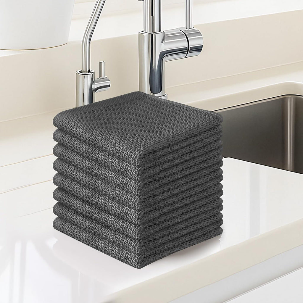 Skiennix 100% Cotton Waffle Weave Kitchen Towels - Ultra Soft & Absorbent, 8 Pack, Dark Grey, 12x12 Inches