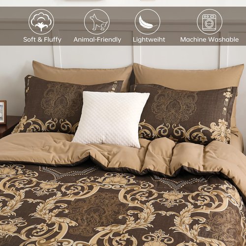 Mybedsoul 7 Pieces Coffee Comforter Set King Size, Damask Bed in a Bag for King Bed, Lightweight Microfiber Boho Bedding Sets with Comforter, Sheet, Pillowcases & Shams for All Season(90"x104")