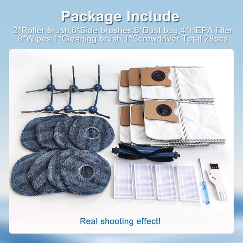 Yivy Replacement Parts for Eufy Omni C20 Vacuum, C20 Omni Accessory Set Include 2 Main Brushes/6 Side Brushes/4 HEPA Filters, 6 Dust Bags/8 Wipes Pads/1Cleaning Brush/1 Screwdriver 28PCS