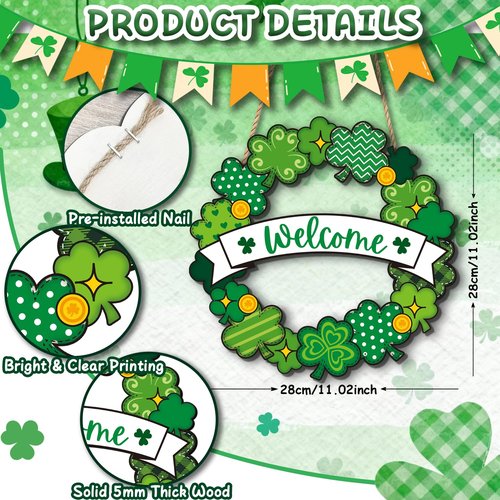 St. Patrick’s Day Decorations, Welcome Shamrock Door Sign, Clover Wooden Hanging Sign, St. Patrick’s Day Shamrock Wreath Door Hanger for Front Door Porch Wall Entryway