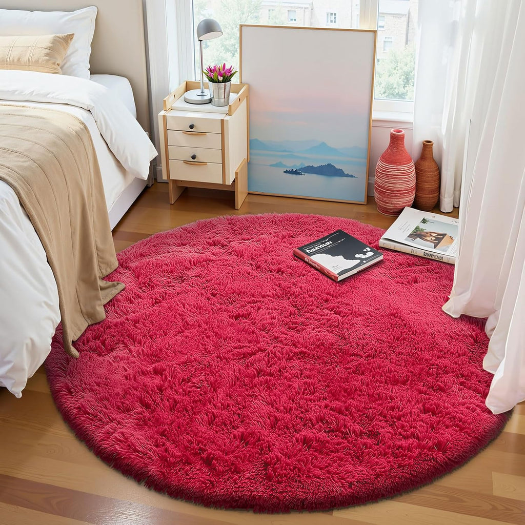 OLANLY Red Round Rug - Soft, Fluffy Shaggy Carpet | 8 ft Machine Washable Area Rug for Bedroom & Living Room