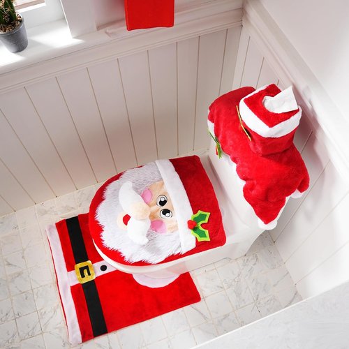 JOYIN Christmas Bathroom Decoration Set - 5 Pieces with Toilet Seat Cover, Rugs, Tank Cover & Santa Towel