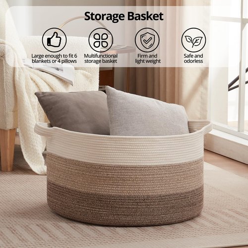 OIAHOMY 90L Blanket Basket for Living Room, Large Basket 23" x 23" x 13" with Handle, Laundry Hamper for Blankets, Pillows, Toy Storage for Kids, Dogs - Gradient Brown