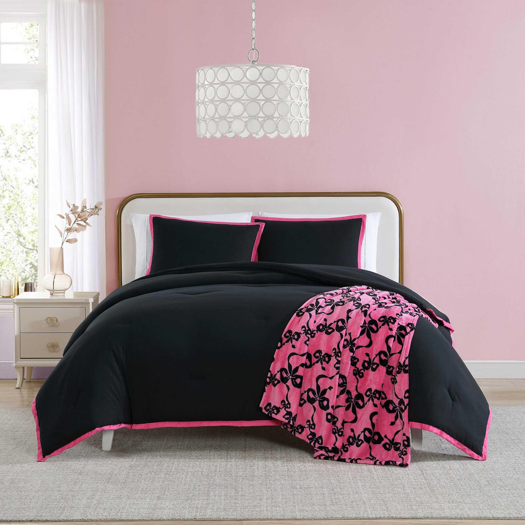 Betsey Johnson - Twin Comforter Set, Bedding Set with Matching Sham & Bonus Soft Throw, Dorm Essentials (Signature Hotel Solid Black)