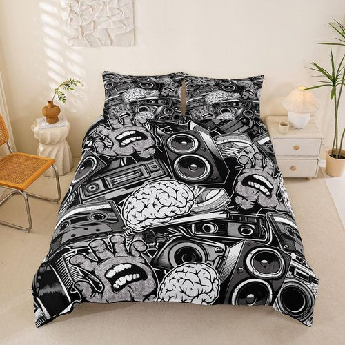 Feelyou Graffiti Bedding Set for Teens Boys Queen Rock Music Theme Duvet Cover Set Hip Hop Comforter Cover Set Kids Teenage Street Art Quilt Cover Hippie Room Decor Bedding with 2 Pillow Shams (3Pcs)