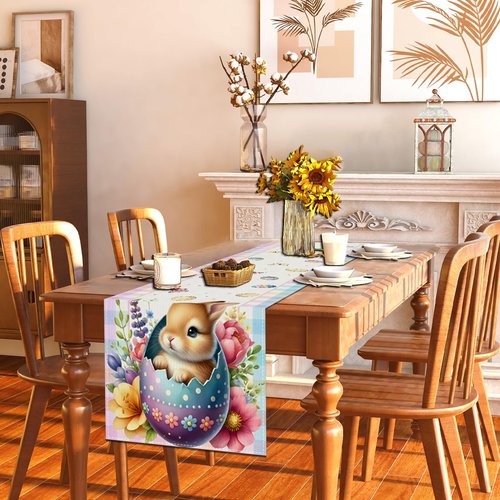 Happy Easter Table Runner Bunny Rabbit Watercolor Easter Eggs Flower Tablecloth Easter Spring Summer Party Decorations and Supplies for Home Kitchen Table-13×72''