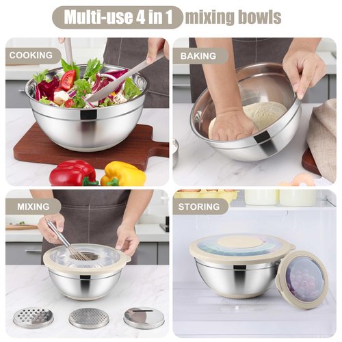 E-far Mixing Bowls with Lids Set, 15PCS Stainless Steel Mixing Nesting Bowl with Colander & 3 Metal Grater for Kitchen Prep/Baking/Storage, Non-Slip Bottom & Airtight Lid, 4.6, 3, 1.5, 1, 0.7QT, Khaki