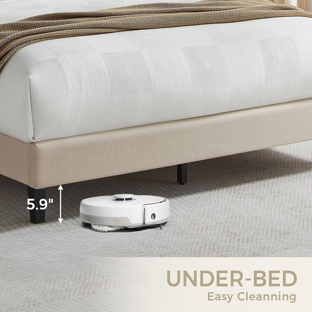 Susalt Queen Size Bed Frame - Upholstered Linen Headboard, Wooden Slats, Easy Assembly, 1000LBS Capacity | Beige