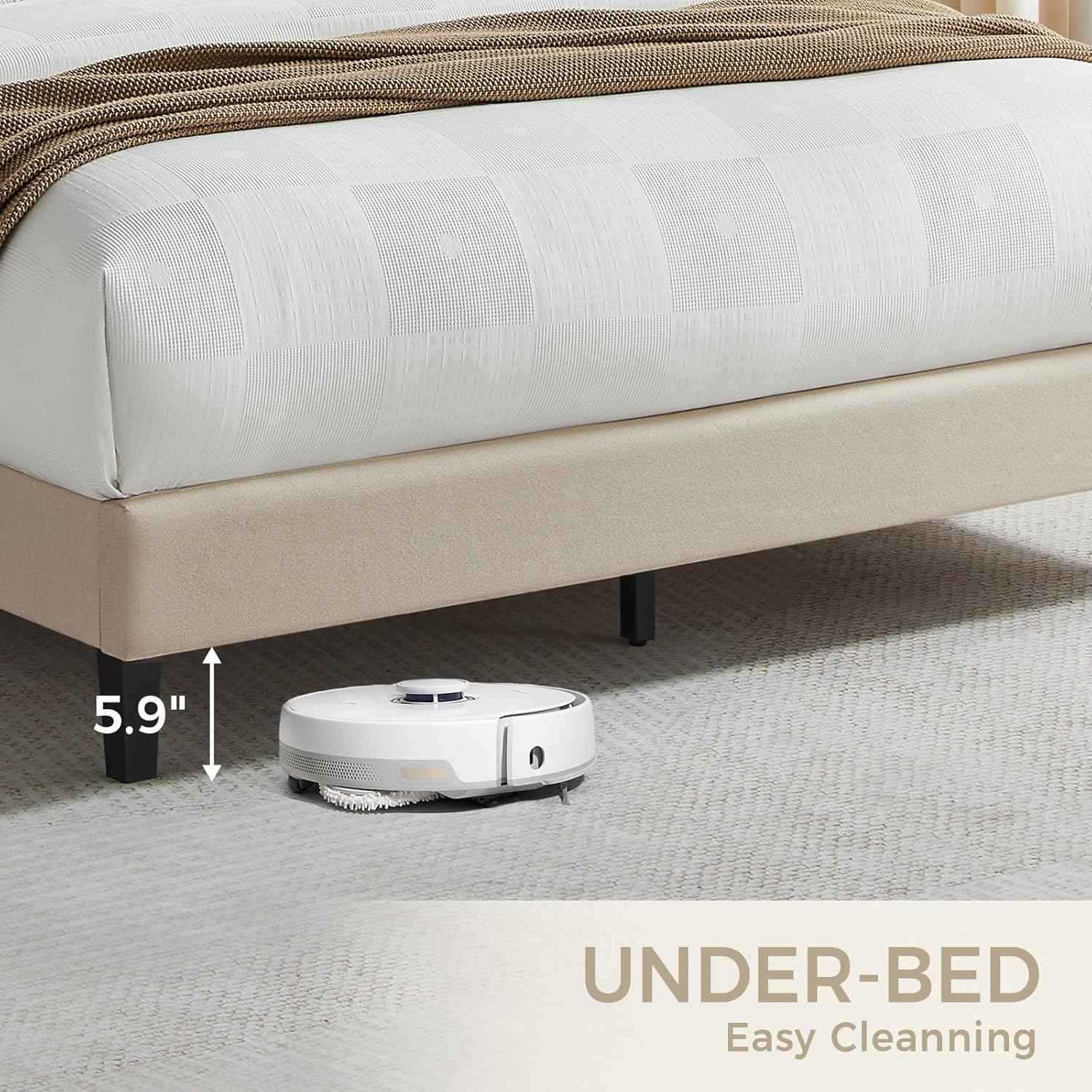 Susalt Queen Size Bed Frame - Upholstered Linen Headboard, Wooden Slats, Easy Assembly, 1000LBS Capacity | Beige