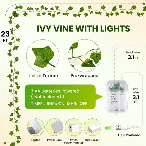 Pellimo Vine Leaf with Fairy Lights, 23FT 73 LED Lighted Ivy Spring Garland Lights, Battery or USB Powered for Dorm Room, Bedroom & Creative Wall Decor, Warm White