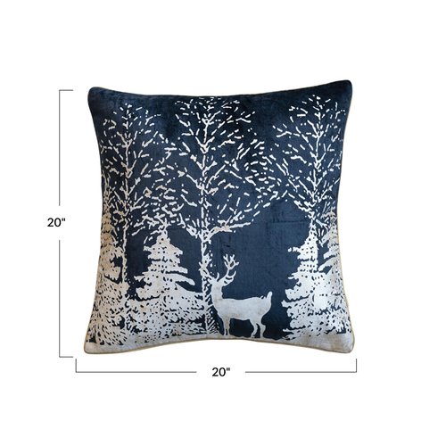 Creative Co-Op Square Cotton Velvet Printed Foil Pillow with Winter Scene and Piping, Color, Navy Blue White
