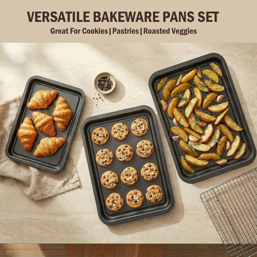 Skiennix 3-Piece Baking Pans Set - Nonstick Rectangle Bakeware | Stackable & Easy Clean, Rust Resistant