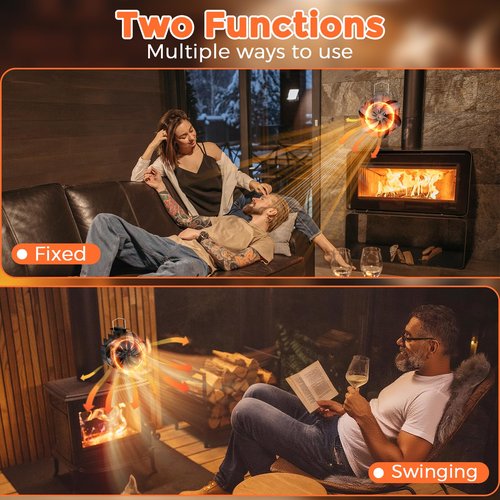 Gisam Oscillating Wood Stove Fan - 60° Left-Right Rotation, 6-Blade Heat Powered Fireplace Fan with Magnetic Thermometer, Non-Electric for Fast Warm Air Circulation