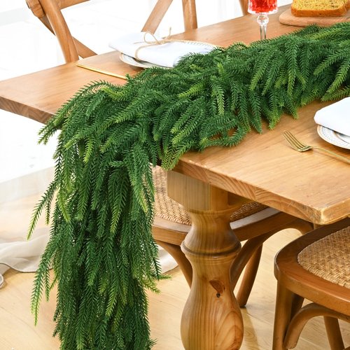 6 FT Christmas Garland Real Touch Norfolk Pine Garland Realistic, Christmas Faux Cedar Garland with Lights for Mantle Table Front Door Indoor Outdoor Holiday Christmas Decor