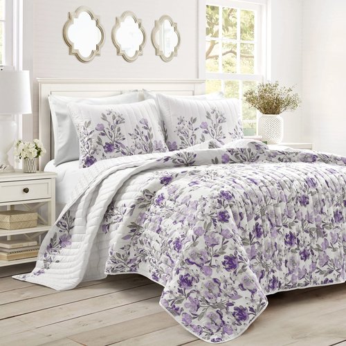 Lush Decor Tanisha Reversible Floral Quilt Set, 3 Piece Set, King, Gray & Purple - Elegant Floral Bedding Set - Purple Lavender Quilt - Beautiful Flower Print - Modern Farmhouse & Cottage Home Décor