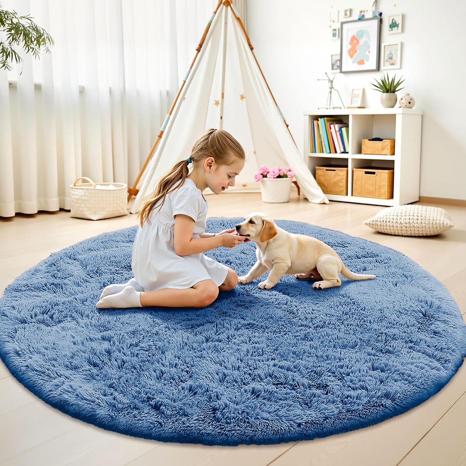 OLANLY Blue Round Area Rug - Soft, Fluffy, Machine Washable 5 ft Circle Carpet for Bedroom & Living Room