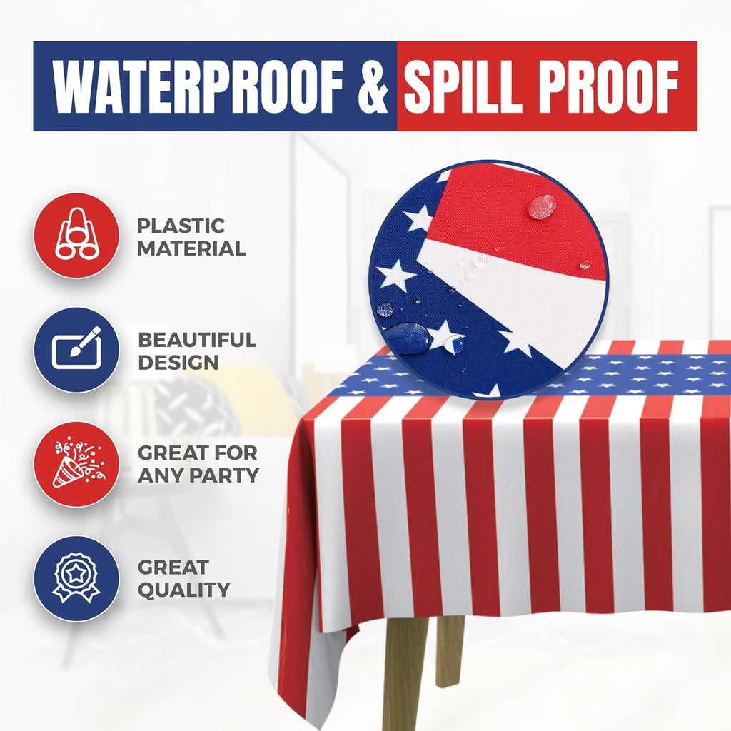 USA Flag Premium Plastic Tablecloth - 5 Pack | 108 x 54 in. Disposable Rectangle for July 4th Parties