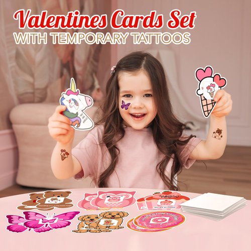 4E's Novelty 48 Pack Valentines Day Cards with Temporary Tattoos - 8 Designs, Bulk Valentine Cards for Kids Classroom Exchange Gifts for Kids School, Valentines Party Favors for Girls Boys