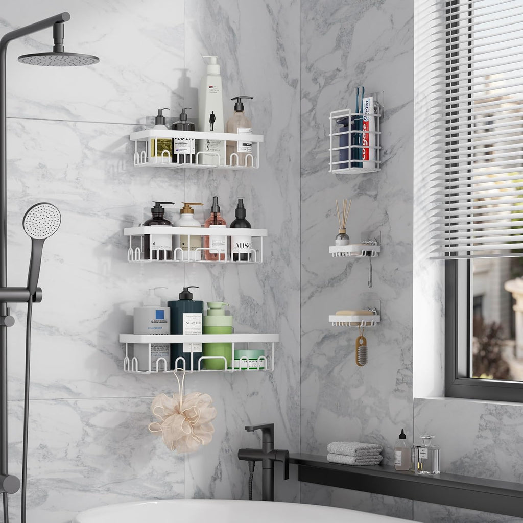 Veken Shower Caddy - 6-Pack Rustproof & Waterproof Adhesive Shelves | Large Bathroom Organizer in White
