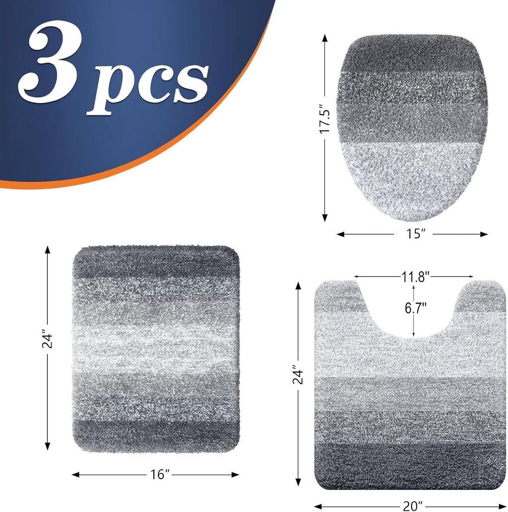 OLANLY Bathroom Rug Set - Soft Microfiber Absorbent Mats | U-Shaped Contour Toilet Mat & Lid Cover - Grey