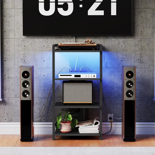 HOOBRO 4-Tier AV Media Stand with Charging Station and LED Light, Wooden Stereo Stand, Rack Audio Tower, Corner TV Stand, Entertainment Device, Black BB38UDCJ01
