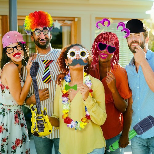 69PCS Colorful Photo Booth Props Set Novelty Funny Hats Wigs Glasses Props Sign Perfect for Graduation Birthday Bachelorette and All Occasions