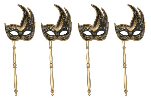 Glittered Mask w/Stick - Gold Pack of 4