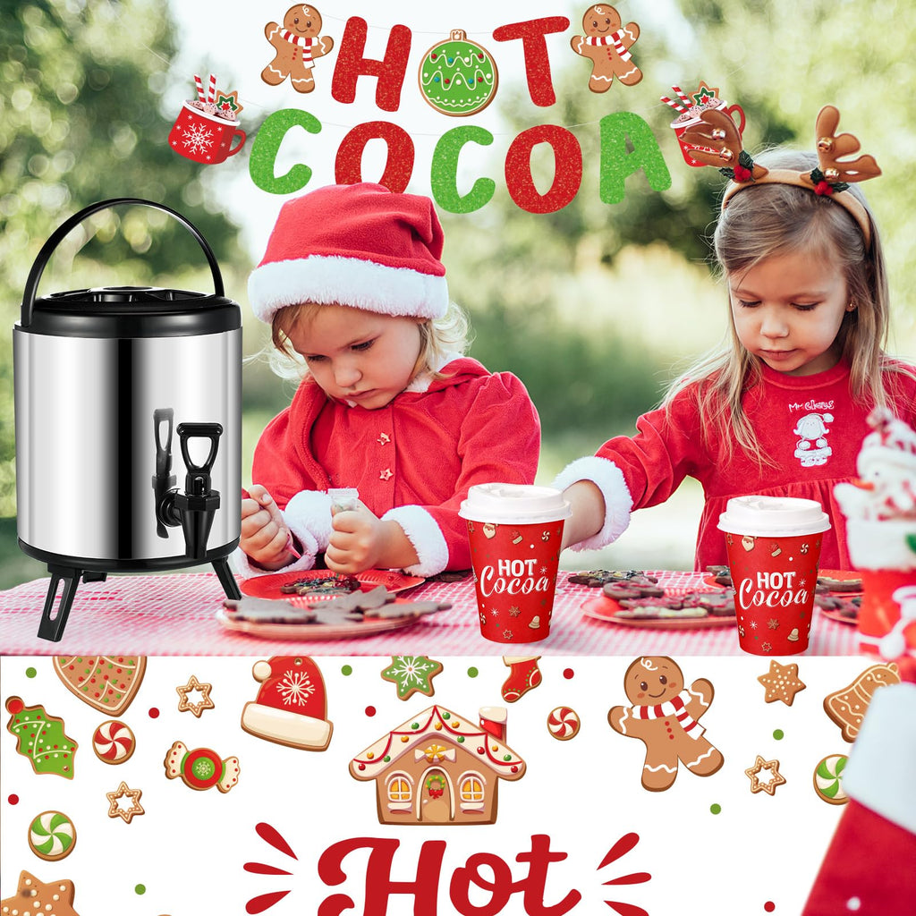 Sliner 103 Pcs Hot Chocolate Stand Bar Supplies Kit Include 1.3 Gallon Hot Cocoa Drink Dispenser, Banner Sign, Tablecloth, 100 Disposable Paper Cups with Lids for Christmas Winter Party(Multicolor)
