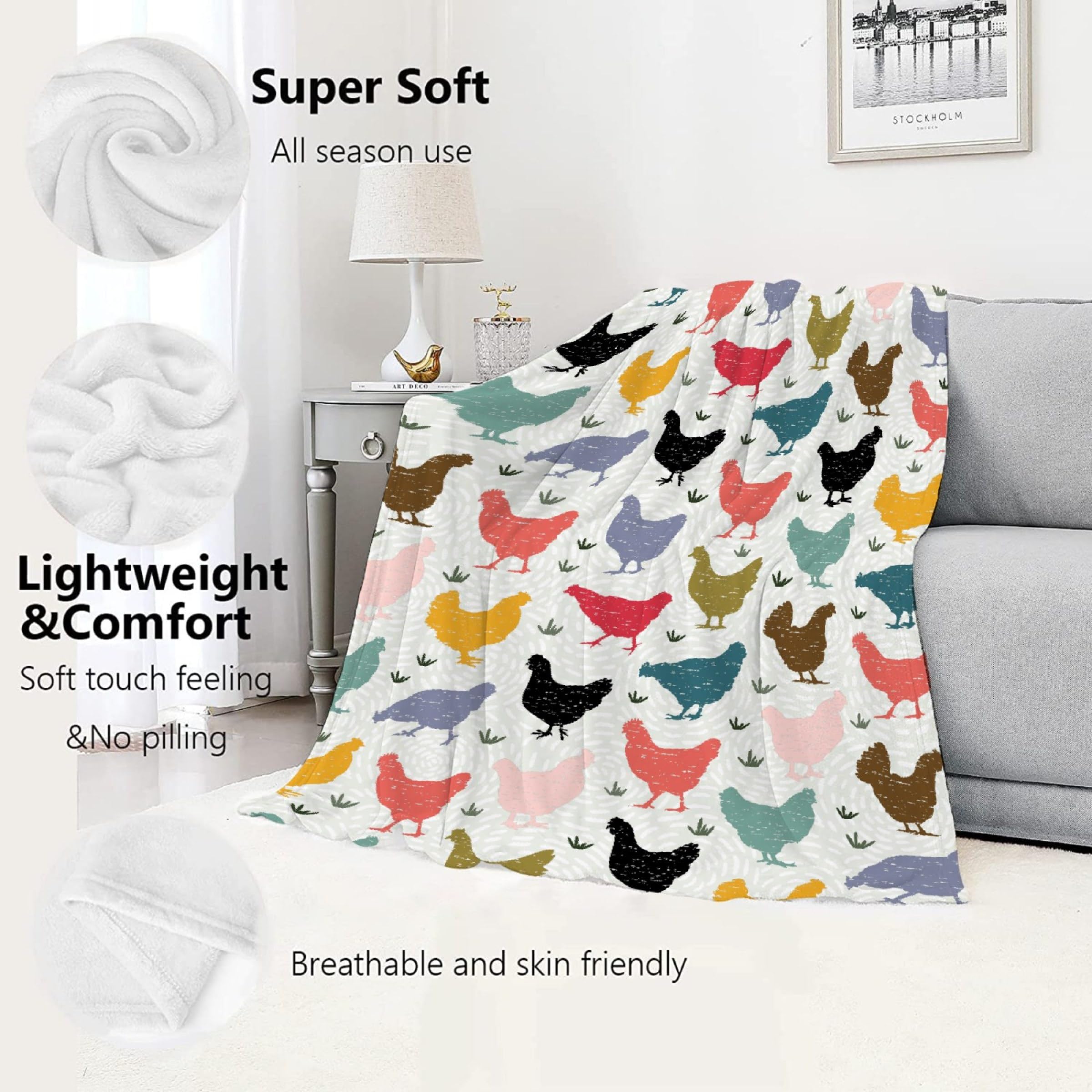 JOCASA Colorful Chicken Blanket Gifts Flannel Lightweight Soft Cozy Blankets Throws Bedding Kids Adult Farm Chickens Gift Couch Sofa Bedroom Girls Boys All Season 60"x80" for Adult
