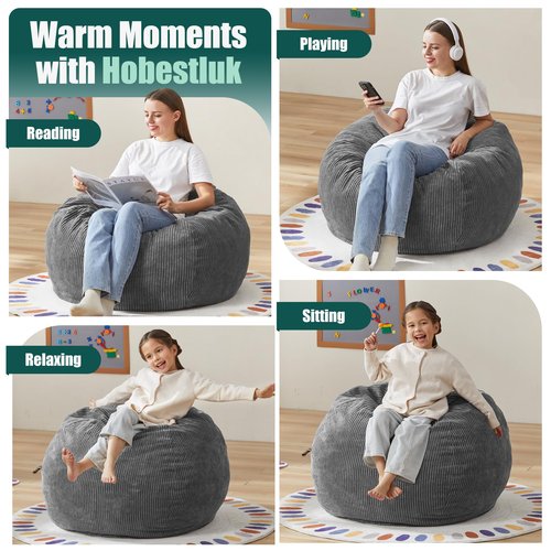 Hobestluk 3.5FT Bean Bag Chair Large Bean Bag with Filler Included Bean Bag Chairs for Adults Teardrop Bean Bag Chair with Removable Cover for Bedroom Living Room - (Large, Grey)