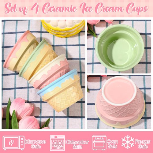 Honeydak 4 Pcs Ice Cream Ceramic Bowls 9 oz Waffle Ice Cream Cups Reusable Sundae Dessert Snack Containers for Summer Kid Adult Birthday Home Yogurt Soup Bar Christmas Party Supplies