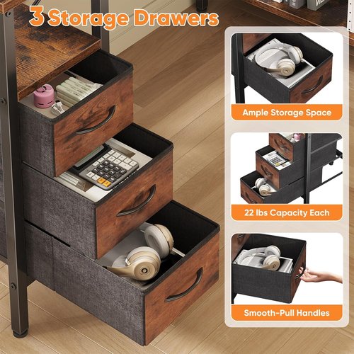 DUMOS L-Shaped Desk - 47-Inch Brown Corner Computer Desk with Power Outlet & Adjustable Shelves | Home Office Furniture