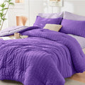 HYMOKEGE Full Size Comforter Set - Dark Purple & Lavender Seersucker | 7-Piece All-Season Luxury Bedding Set