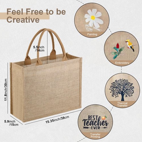 butarfe 10 Pack Reusable Jute Tote Bags with Handles, 15.1X11.8X5.5 Inch Large Natural Blank Burlap Tote for Grocery Shopping, Weddings, Travel, Bachelorette Parties & DIY Embroidery Crafts