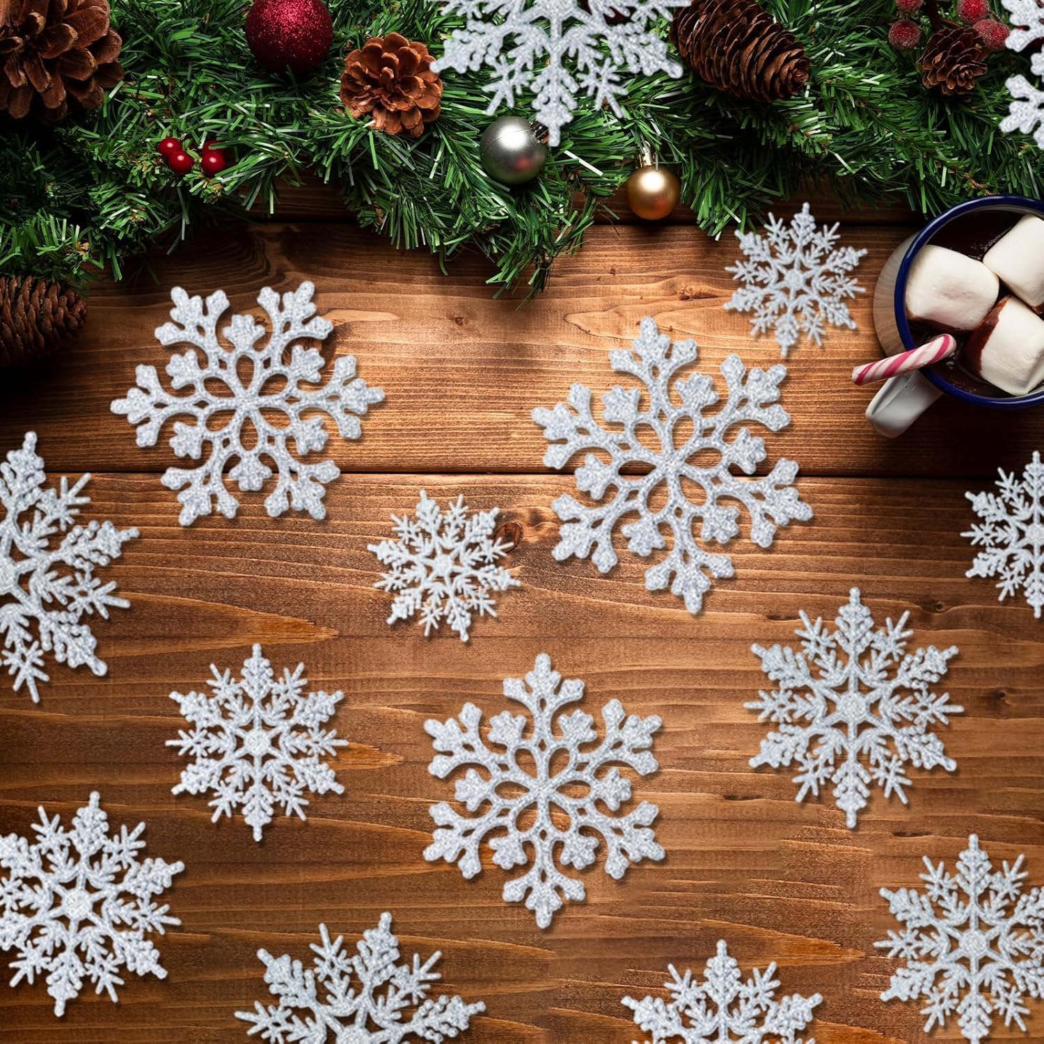 Skiennix 36-Piece Christmas Silver Snowflake Ornaments - Glittery Winter Tree Decorations