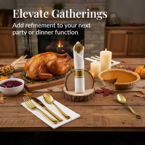 Prestee 400 Pieces Gold Silverware Set for 100 Guests - Premium Pre Rolled Disposable Plastic Silverware Set with Napkins - Wrapped Utensils with Forks, Knives, Spoons, Napkins for Weddings and Events