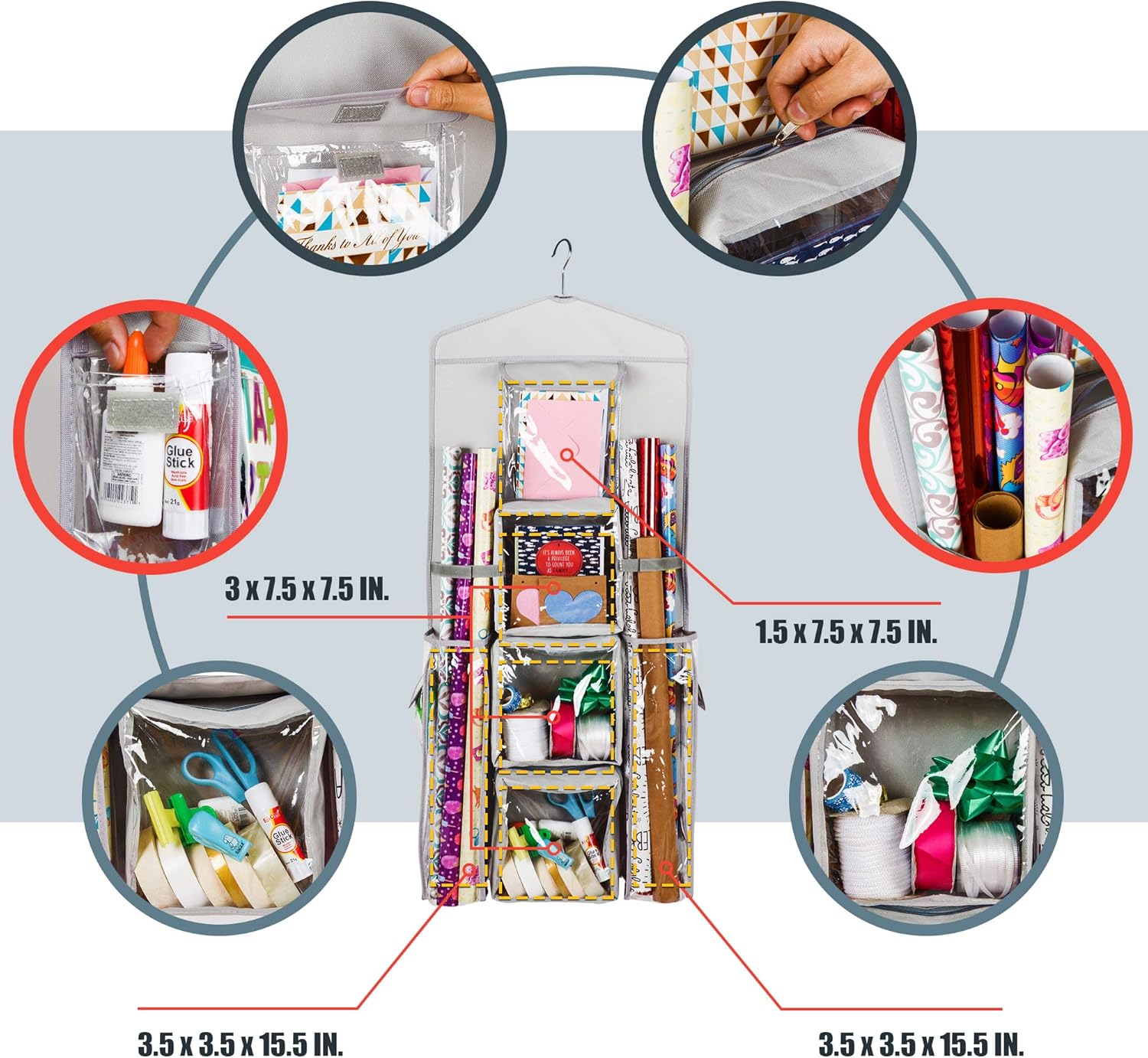 Skiennix Double-Sided Gift Bag & Wrap Organizer - Light Grey, Space-Saving Design