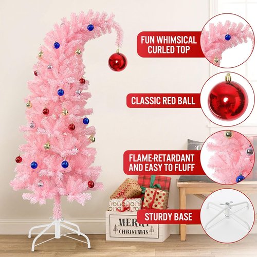 Hatisan 5FT Pink Christmas Tree - Artificial Design with Ball Ornaments & Metal Base for Holiday Decor