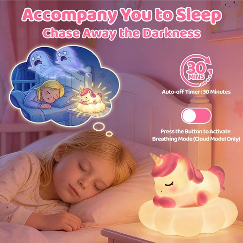 Mewaii Cloud Unicorn Night Light for Kids, Portable Lamp with Wireless Charging Cloud Base, 3-Level Dimmable & 30-Min Auto Timer, Gift for Girls, Baby Nursery Decoration